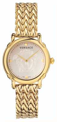 Versace Sicherheitsnadel | elfenbeinfarbenes Zifferblatt | Armband aus goldenem PVD-Stahl VEPN00520