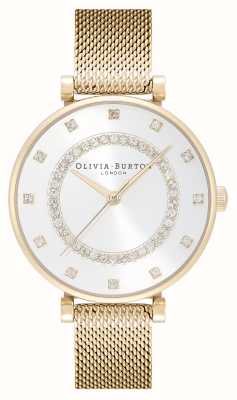 Olivia Burton Belgrave | silbernes Zifferblatt | Kristallset | goldenes Mesh-Armband aus Stahl 24000005