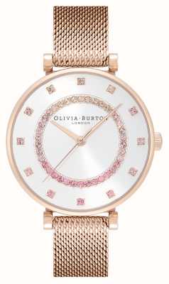 Olivia Burton Belgrave | silbernes Zifferblatt | Kristallset | Mesh-Armband aus roségoldenem Stahl 24000006