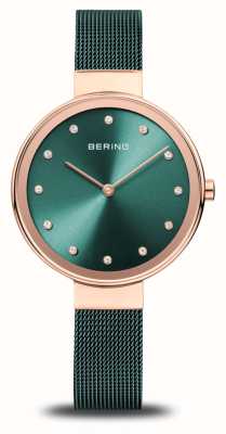 Bering Klassisch | grünes Zifferblatt | Mesh-Armband aus grünem PVD-Stahl 12034-868