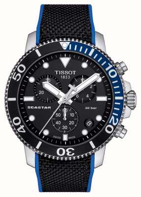 Tissot Seastar 1000 Chronograph (45,5 mm), schwarzes Zifferblatt / schwarzes und blaues Armband T1204171705103