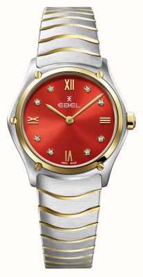 EBEL Sportliche klassische Damenuhr – 8 Diamanten (29 mm), üppiges rotes Zifferblatt / 18 Karat Gold und Edelstahl 1216594