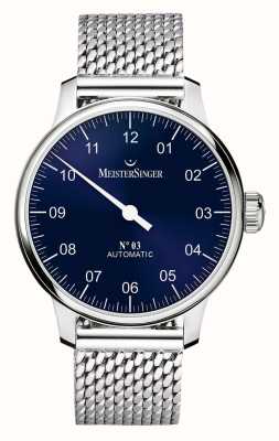 MeisterSinger Nr. 3 Automatik (43 mm), blaues Zifferblatt mit Sonnenschliff / Milanaise-Armband aus Edelstahl AM908-MIL20