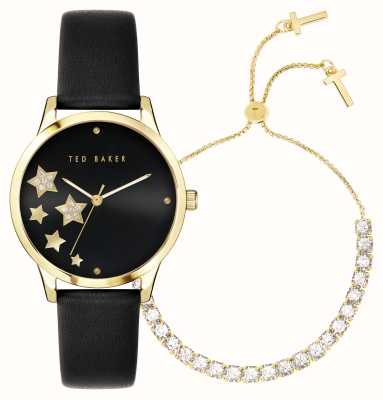 Ted Baker Starlit-Geschenkset für Damen mit schwarzem Zifferblatt und schwarzem Lederarmband, passendes goldfarbenes Armband BKGFW2217