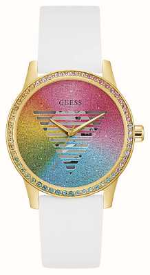 Guess Damen-Armband aus weißem Silikon mit Regenbogen-Glitzer-Zifferblatt GW0589L1