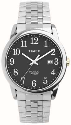 Timex Leicht ablesbares Herrenarmband mit schwarzem Zifferblatt und erweiterbarem Edelstahlarmband TW2V40200