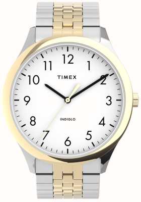 Timex Leicht ablesbare Herrenuhr (40 mm) mit weißem Zifferblatt und zweifarbigem Edelstahlarmband TW2U40000