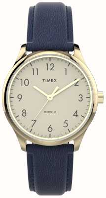 Timex Moderne, leicht ablesbare Damenuhr mit cremefarbenem Zifferblatt und marineblauem Lederarmband TW2V36200