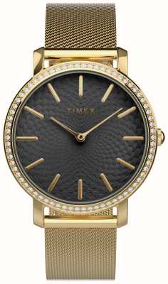 Timex Damen-Armband „Transcend“ mit schwarzem Zifferblatt und goldfarbenem Stahlgeflecht TW2V52300