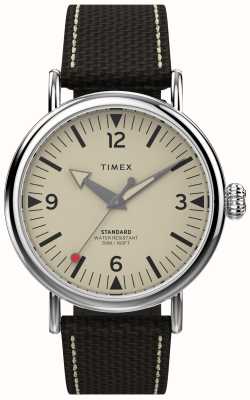 Timex Herrenstandard (40 mm) mit cremefarbenem Zifferblatt und braunem Textillederarmband TW2V44100