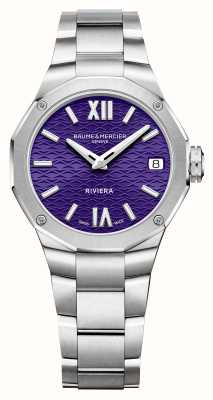 Baume & Mercier Damen-Riviera-Quarz (33 mm) mit violettem Zifferblatt und Edelstahlarmband M0A10728