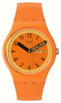 Swatch Stolz orangefarbenes Zifferblatt / orangefarbenes Silikonarmband SO29O700