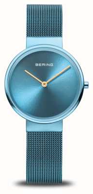 Bering Klassische Damenuhr (31 mm) mit blauem Zifferblatt und blauem Milanaise-Armband 14531-388