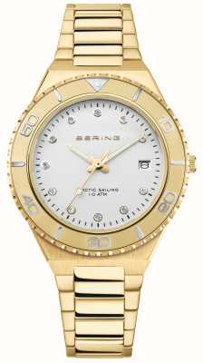 Bering Damen-Armbanduhr „Arctic Sailing“ (36 mm) mit silbernem Zifferblatt und goldfarbenem PVD-Edelstahlarmband 18936-734