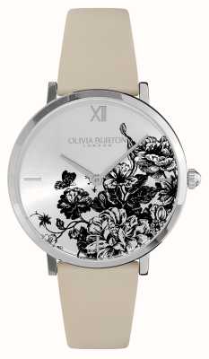 Olivia Burton Blumenblüten (35 mm), silbernes Zifferblatt / antikes Perlenlederarmband 24000113