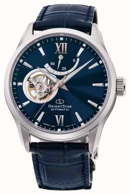 Orient Star Zeitgenössische mechanische Uhr mit offenem Herzen (39 mm), blaues Zifferblatt / blaues Leder RE-AT0006L00B