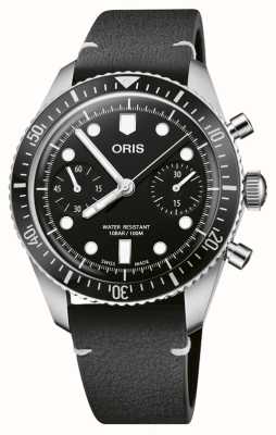 ORIS Divers 65-Chronograph mit Automatikaufzug (40 mm), schwarzes Zifferblatt / schwarzes Cervo-Volante-Hirschlederarmband 01 771 7791 4054-07 6 20 01