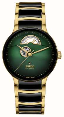 RADO Centrix Automatikuhr mit offenem Herzen (39,5 mm), grünes Zifferblatt / schwarze Hightech-Keramik und goldfarbener Edelstahl R30008302