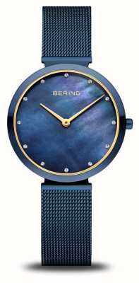 Bering Klassisches Damen-Armband (32 mm) mit blauem Perlmuttzifferblatt und blauem Edelstahl-Mesh-Armband 18132-399