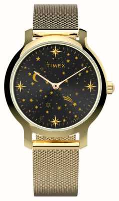 Timex Celestial Transcend Damenuhr (31 mm) mit schwarzem Zifferblatt und goldfarbenem Stahlgeflechtarmband TW2W21500