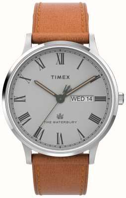 Timex Waterbury-Herrenuhr (40 mm) mit grauem Zifferblatt und hellbraunem Lederarmband TW2V73600