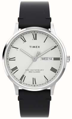 Timex Herren-Waterbury-Klassiker (40 mm) mit weißem Zifferblatt und schwarzem Lederarmband TW2W15000