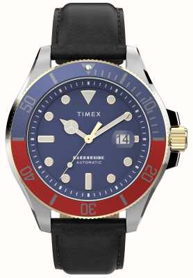 Timex Harbourside Coast Automatik (43 mm), blaues Zifferblatt / schwarzes Lederarmband TW2V72200