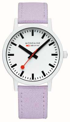 Mondaine Essence (41 mm) weißes Zifferblatt / violettes Baumwoll-Textilarmband MS1.41110.LQ1