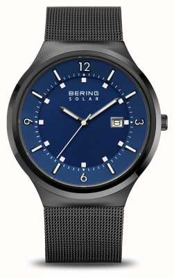 Bering Herren-Solararmband (42 mm) mit blauem Zifferblatt und schwarzem Edelstahl-Mesh-Armband 14442-227