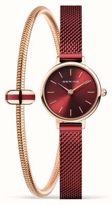 Bering Geschenkset mit klassischem Roségold-Armband (22 mm), rotem Sonnenschliff-Zifferblatt / rotem PVD-Edelstahlgewebe 11022-363-LOVELY-5-GWP190