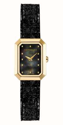 Herbelin Damen-Octagon-Uhr (20,4 mm), schwarzes Perlmuttzifferblatt / schwarzes glitzerndes Lederarmband 17446P49