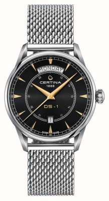 Certina Herren-Armbanduhr DS-1 Day Date (40 mm) mit schwarzem Zifferblatt und Stahlgeflechtarmband C0294301105100