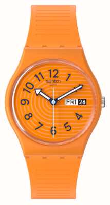 Swatch Trendige Linien in Sienna (34 mm), orangefarbenes Zifferblatt / orangefarbenes Silikonarmband SO28O703
