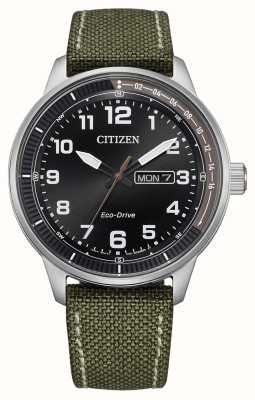 Citizen Herren-Eco-Drive-Urban-Armbanduhr (42 mm) mit schwarzem Zifferblatt und grünem Canvas-Armband BM8590-10E