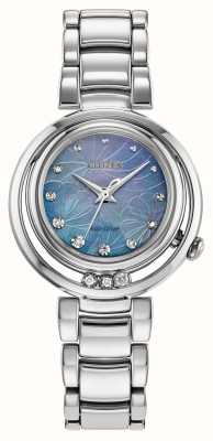 Citizen Damen-Armbanduhr mit Arcly Eco-Drive (29,8 mm), blauem Perlmuttzifferblatt und Edelstahlarmband EM1110-56N
