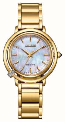 Citizen Damen-Armbanduhr mit Arcly Eco-Drive (31 mm), Perlmuttzifferblatt und goldfarbenem Edelstahlarmband EM1092-64D