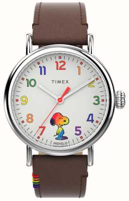 Timex Standard Peanuts Love (40 mm) weißes Zifferblatt / braunes Lederarmband TW2W53900