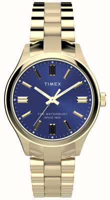 Timex Waterbury traditionell (34 mm) blaues Zifferblatt / Gold-PVD-Edelstahlarmband TW2W40300