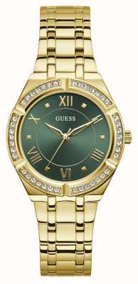 Guess Damen-Armbanduhr Cosmo (36 mm) mit grünem Zifferblatt und goldfarbenem Edelstahlarmband GW0033L8