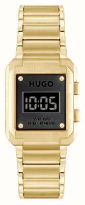 HUGO Herrenuhr #thrive (30 mm) mit schwarzem Digitalzifferblatt und goldfarbenem Edelstahlarmband 1530359