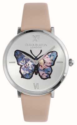 Olivia Burton Signature Butterfly (35 mm) silbernes Schmetterlingszifferblatt / rosa Lederarmband 24000145