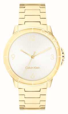 Calvin Klein Vivacious (36 mm) für Damen, weißes Zifferblatt/goldfarbenes Edelstahlarmband 25100023