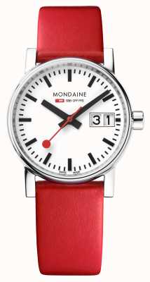 Mondaine Evo2 Großdatum (30 mm) weißes Zifferblatt / rotes Armband aus veganem Leder MSE.30210.LCV
