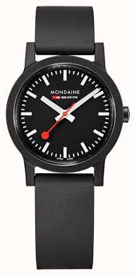 Mondaine Essence Quartz, schwarzes Zifferblatt, schwarzes Armband aus Naturkautschuk MS1.32120.RB