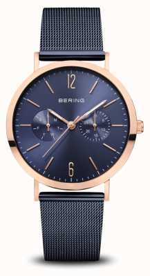 Bering | klassisch | poliertes Roségold | blaues Netzarmband | 14236-367