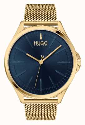 HUGO #smash casual für Herren | blaues Zifferblatt | goldenes IP-Mesh-Armband 1530178