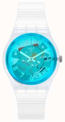 Swatch Retro-Bianco | weißes Silikonband | blaues transparentes Zifferblatt GW215