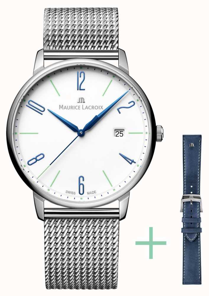 Maurice Lacroix Eliros 40mm First Jubiläum Watches™ AUT EL1118-SS00E-120-C - Weiß Dattelriemenset 25-jähriges Class