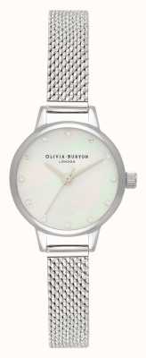 Olivia Burton Weißes Mini-Perlmutt-Zifferblatt, funkelnde Markierungen & silberne Boucle-Mesh-Uhr OB16MN04