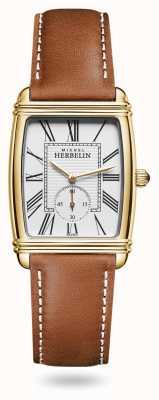 Herbelin Art-Deco-Uhr braunes Lederarmband weißes Zifferblatt 10638/P08GO